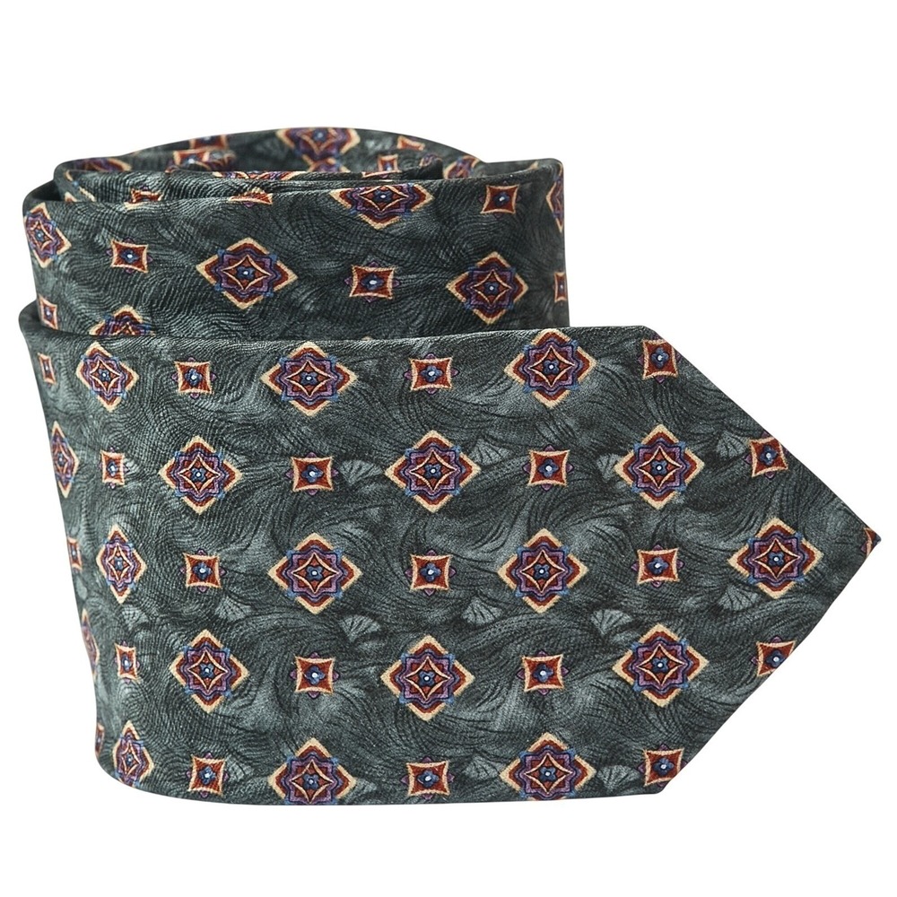 Jos. A. Bank Men's 100% Silk Necktie Designer Green Medallion Pattern Hand Sewn